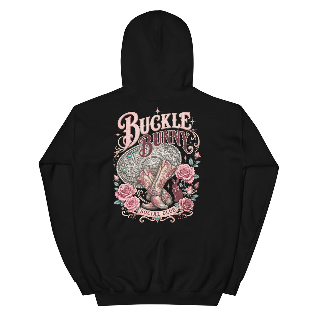 Buckle Bunny Social Club Western Hoodie in Black — back design mockup