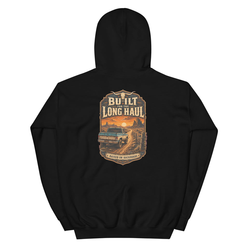 Back view of Built for the Long Haul Western Hoodie showing the full-size western graphic