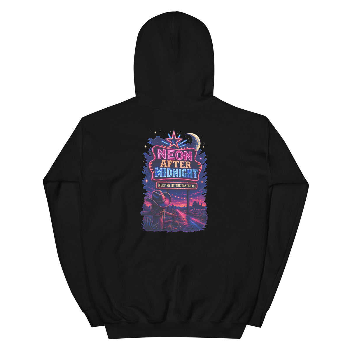 Back view of Neon After Midnight Western Hoodie showing the full-size western graphic