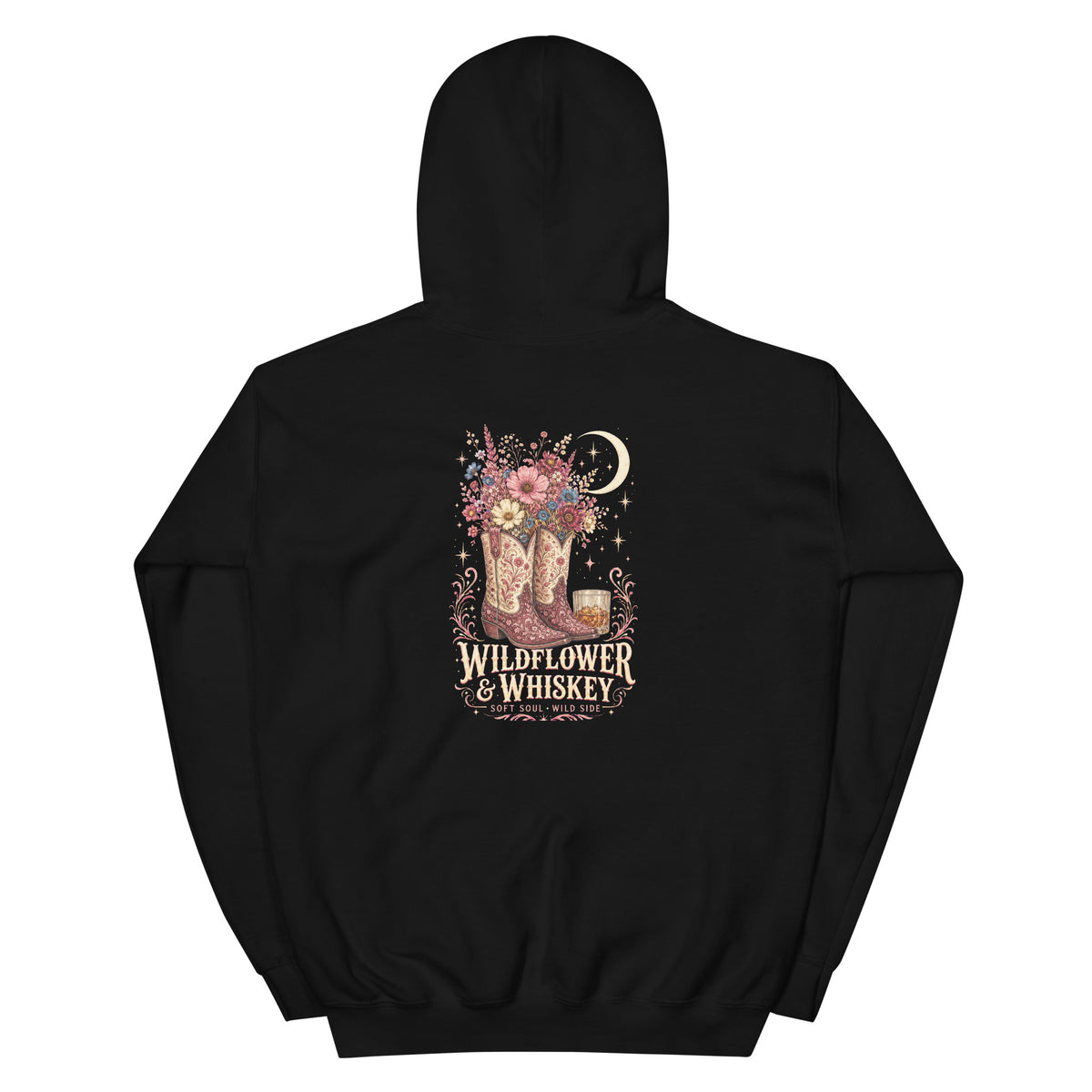 Back view of Wildflower & Whiskey Western Hoodie showing the full-size western graphic