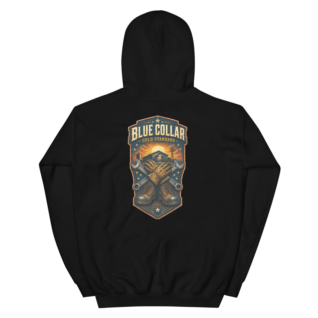 Back view of Blue Collar, Gold Standard Western Hoodie showing the full-size western graphic
