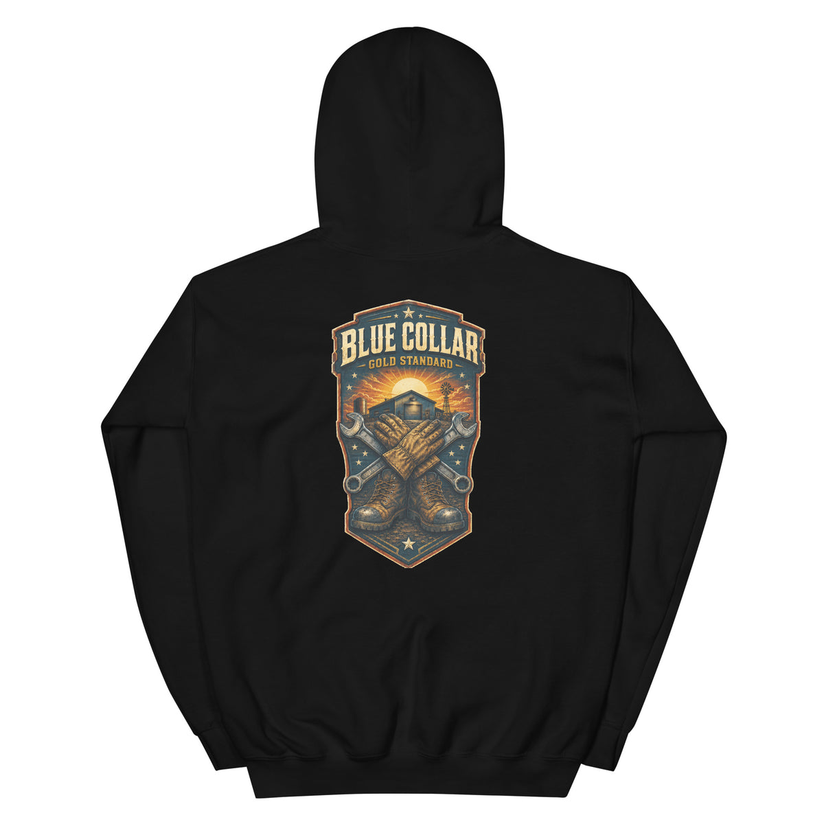 Back view of Blue Collar, Gold Standard Western Hoodie showing the full-size western graphic
