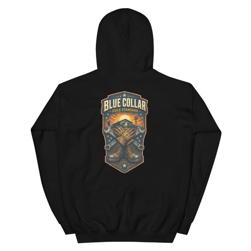 Back view of Blue Collar, Gold Standard Western Hoodie showing the full-size western graphic