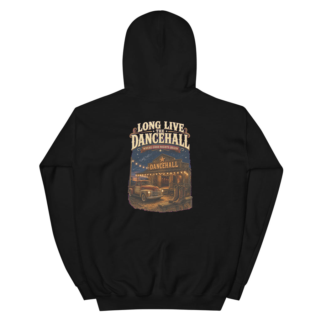 Back view of Long Live the Dancehall Western Hoodie showing the full-size western graphic