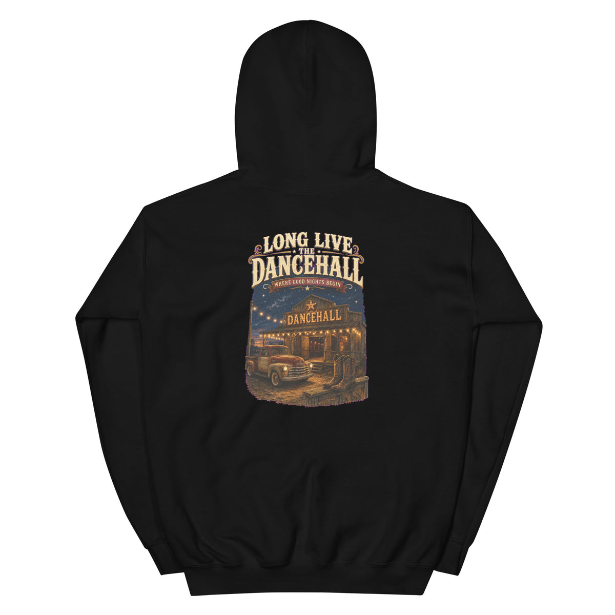 Back view of Long Live the Dancehall Western Hoodie showing the full-size western graphic