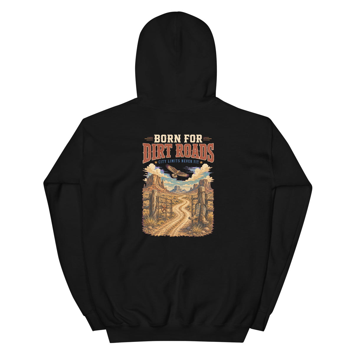 Back view of Born for Dirt Roads Western Hoodie showing the full-size western graphic