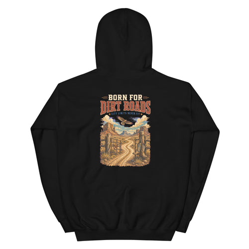 Back view of Born for Dirt Roads Western Hoodie showing the full-size western graphic
