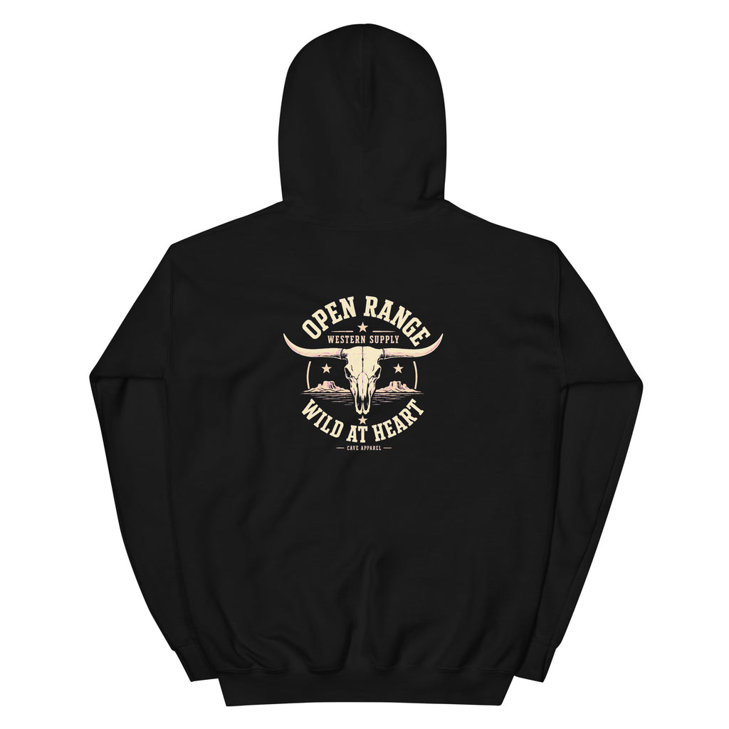 Back view of Open Range, Wild at Heart Western Hoodie showing the full-size western graphic