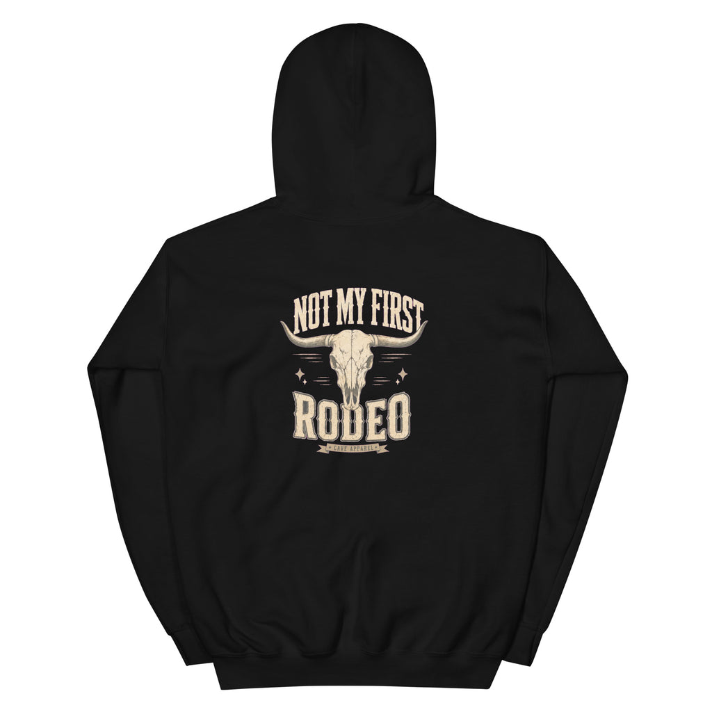 Back view of Not My First Rodeo Western Hoodie showing the full-size western graphic