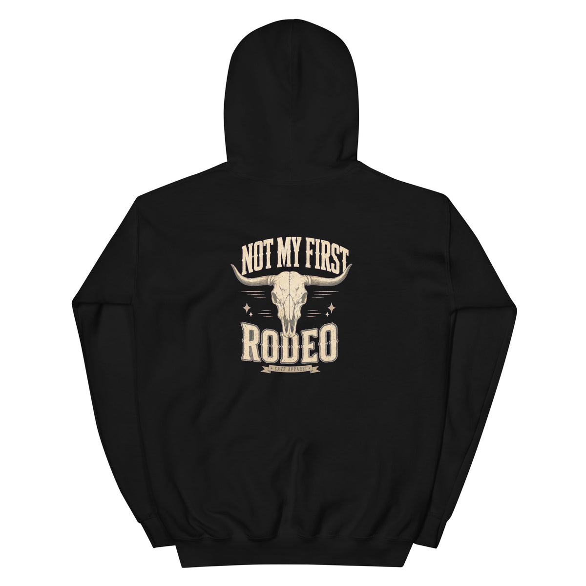 Back view of Not My First Rodeo Western Hoodie showing the full-size western graphic