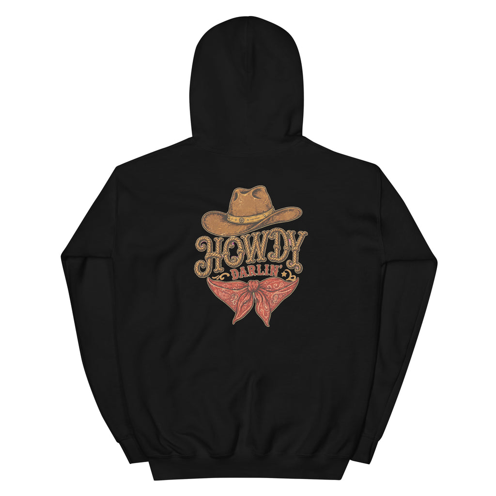 Back view of Howdy Darlin’ Western Hoodie showing the full-size western graphic