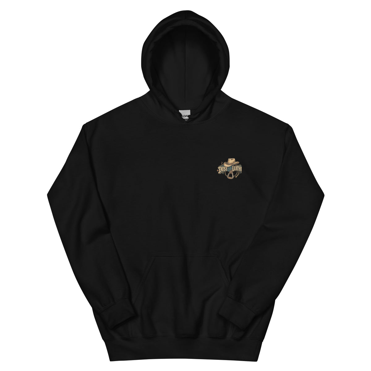 Dust & Leather Western Hoodie in Black — front chest print mockup