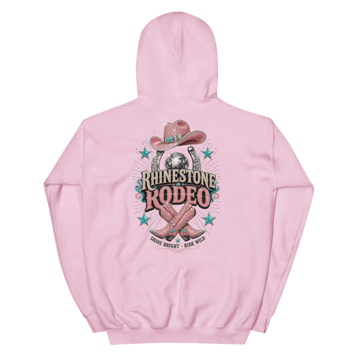 Light Pink pullover hoodie with large Rhinestone Rodeo cowgirl back print