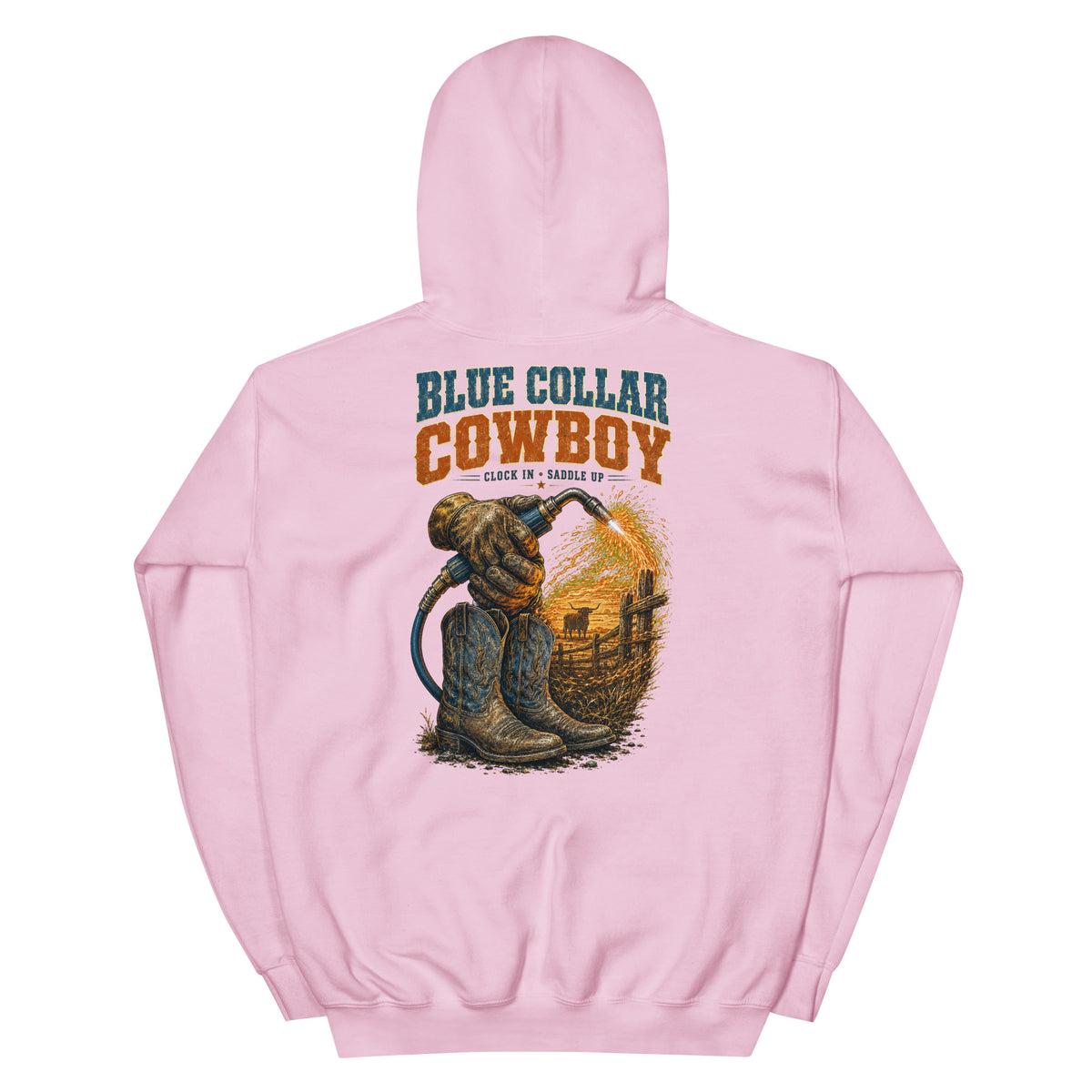 Blue Collar Cowboy Western Hoodie in Light Pink — back design mockup