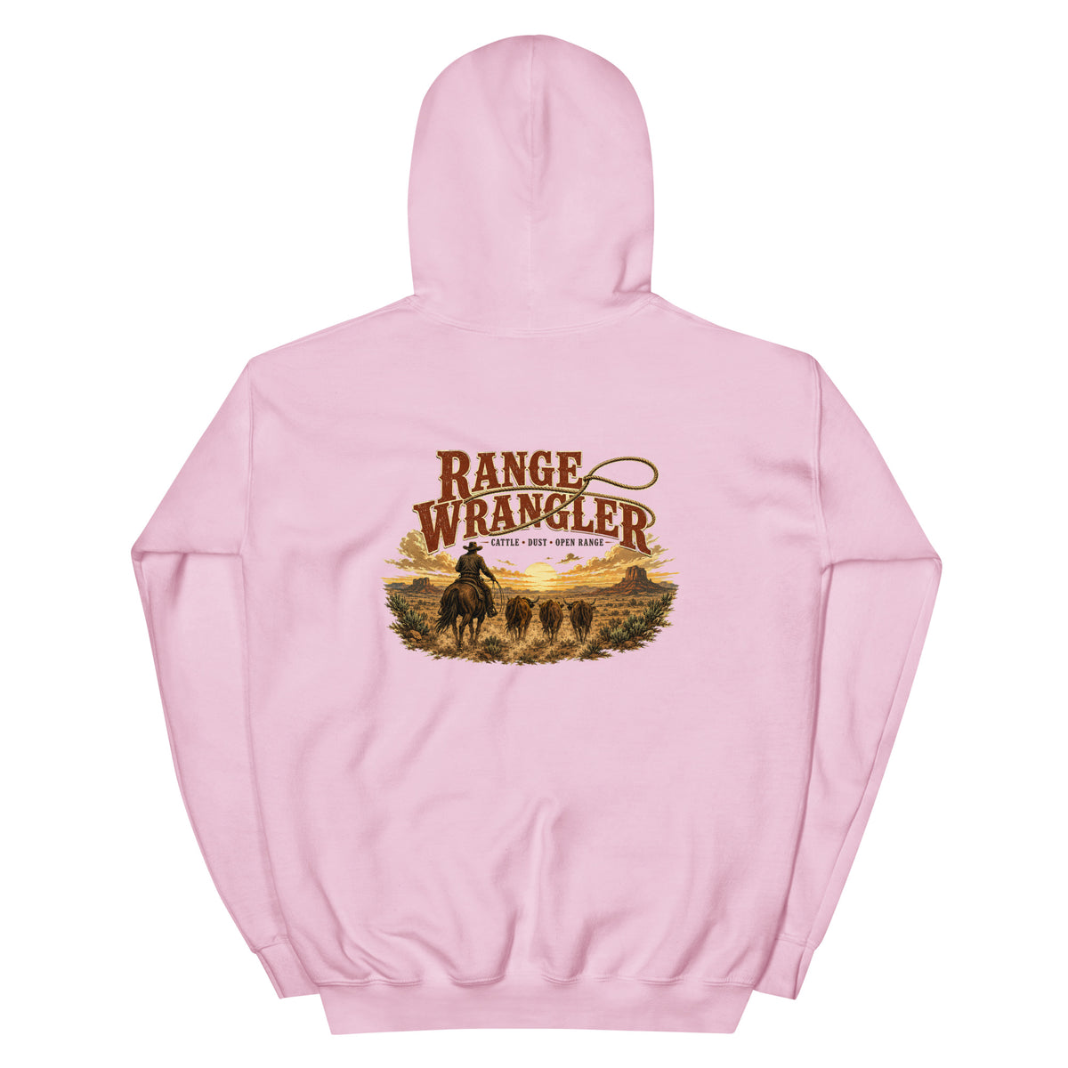 Range Wrangler Western Hoodie in Light Pink — back design mockup