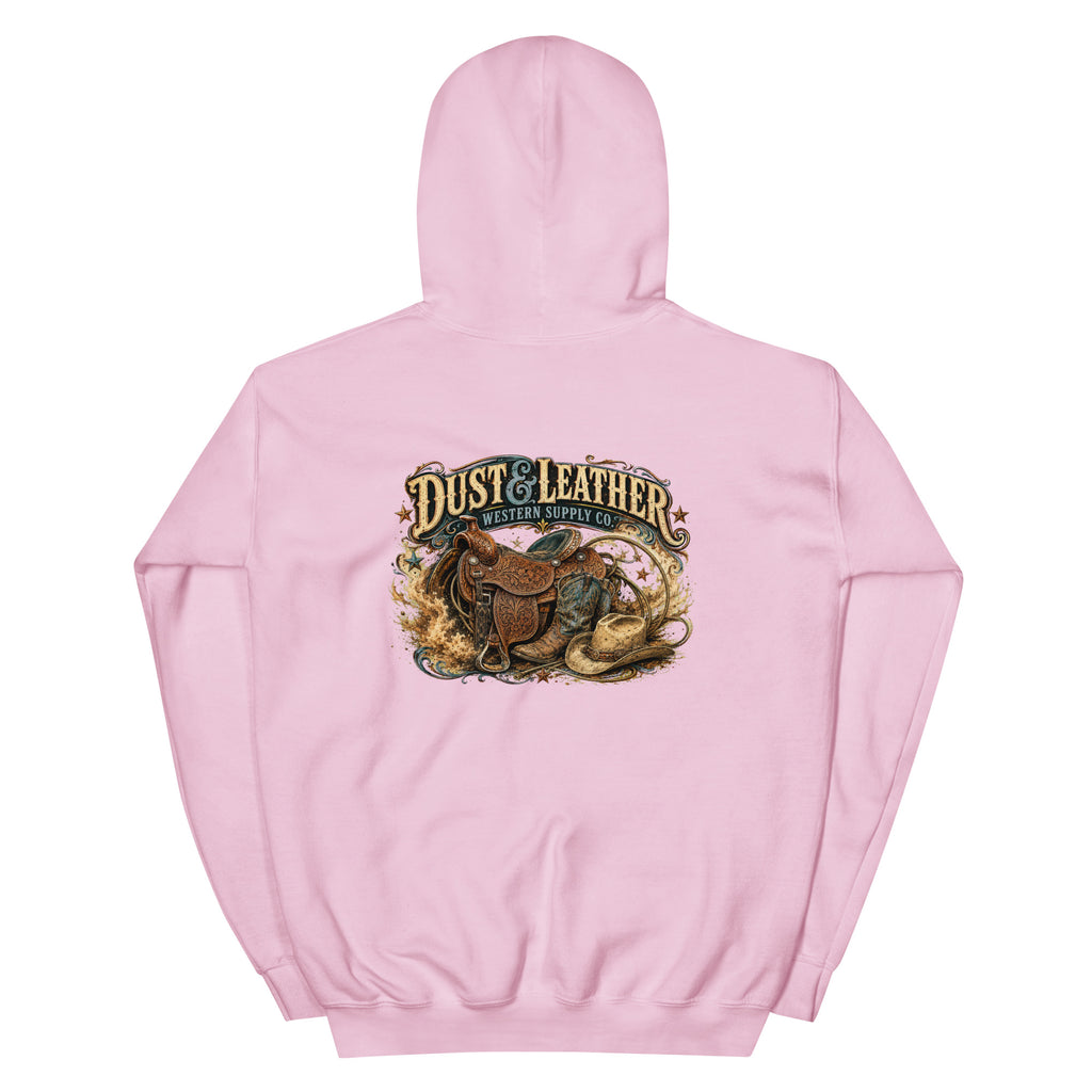 Dust & Leather Western Hoodie in Light Pink — back design mockup