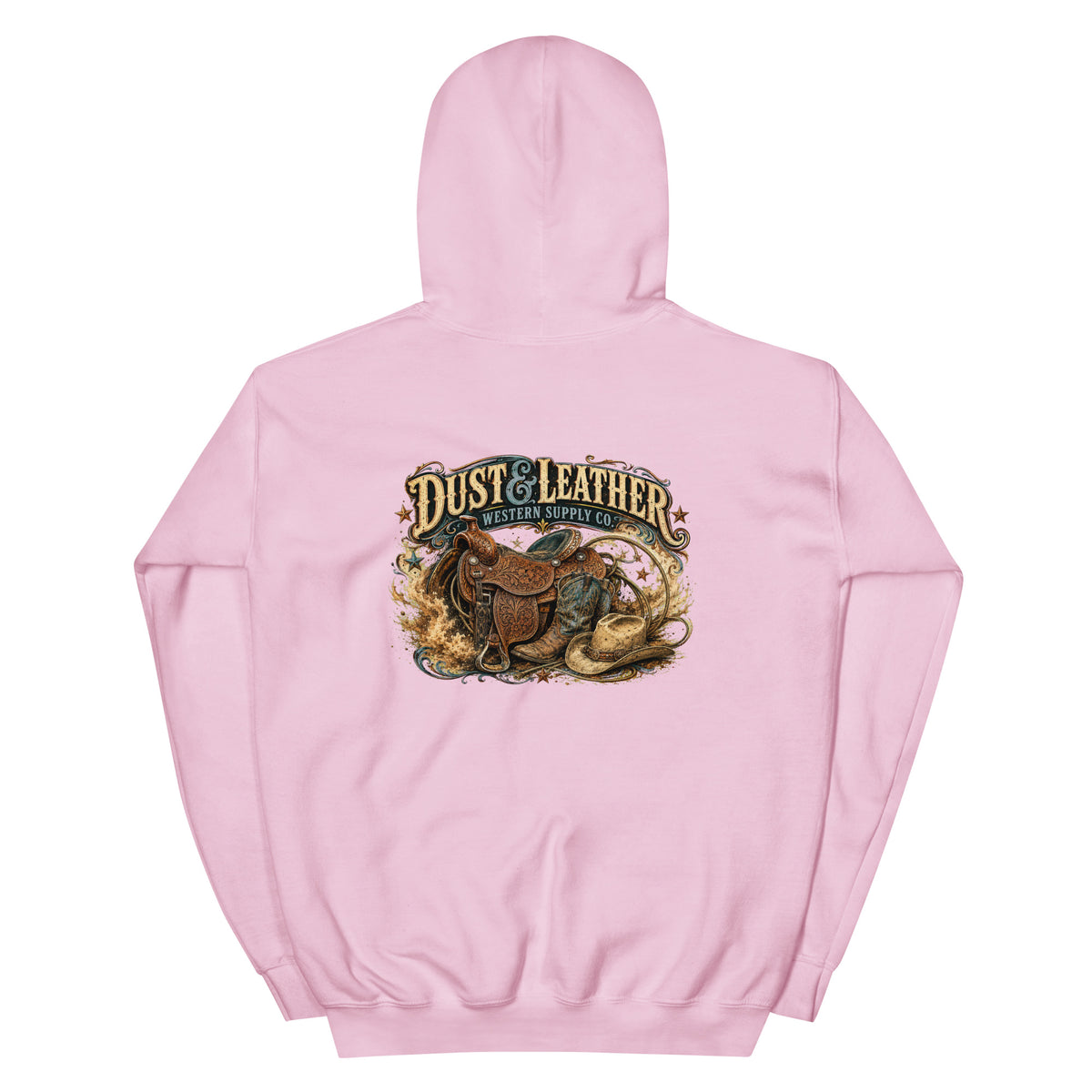 Dust & Leather Western Hoodie in Light Pink — back design mockup