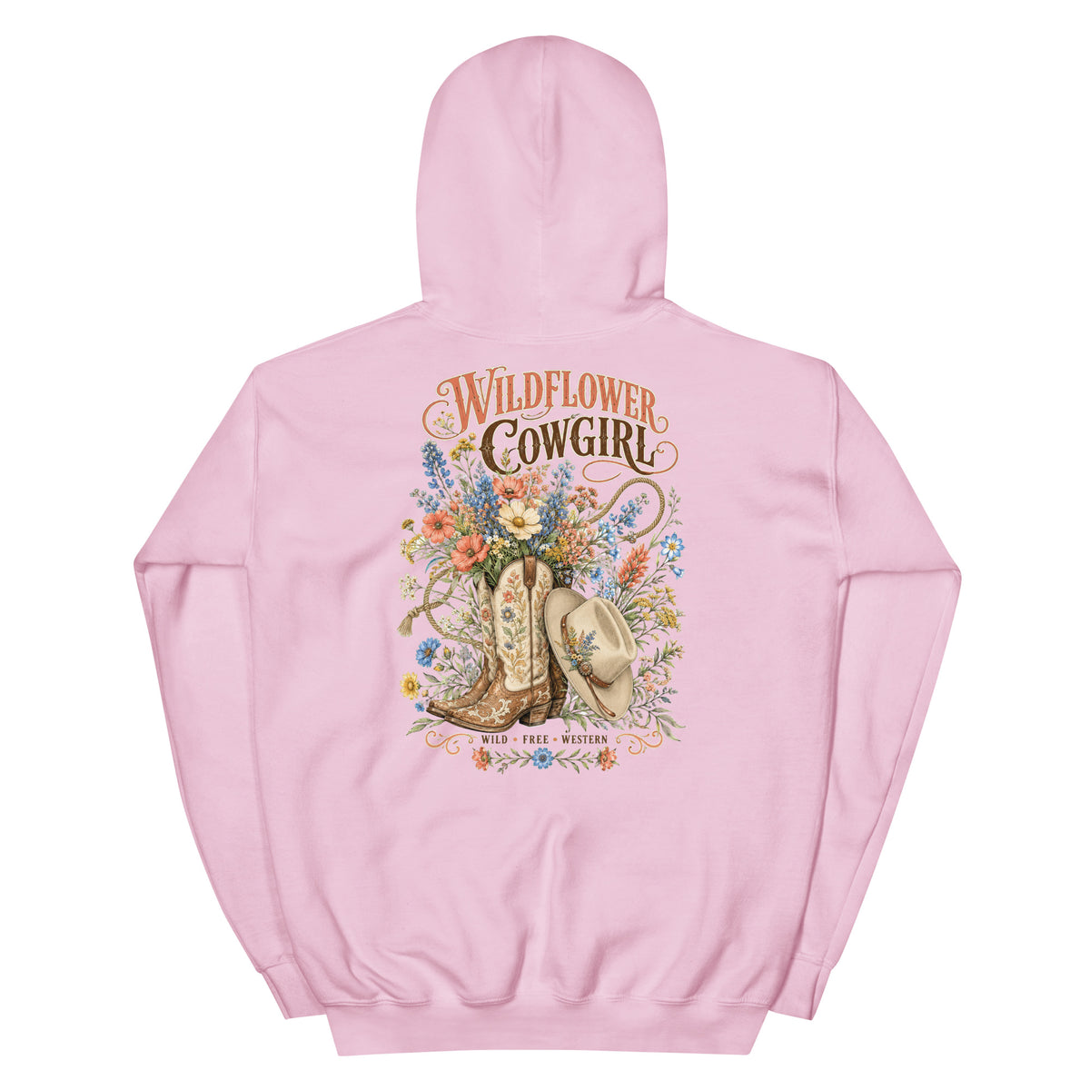 Wildflower Cowgirl Western Hoodie in Light Pink — back design mockup
