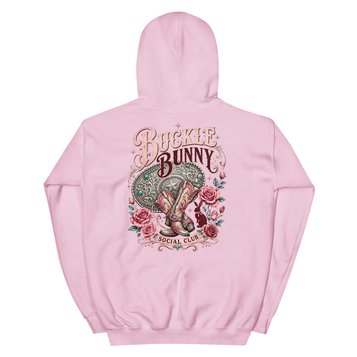 Buckle Bunny Social Club Western Hoodie in Light Pink — back design mockup