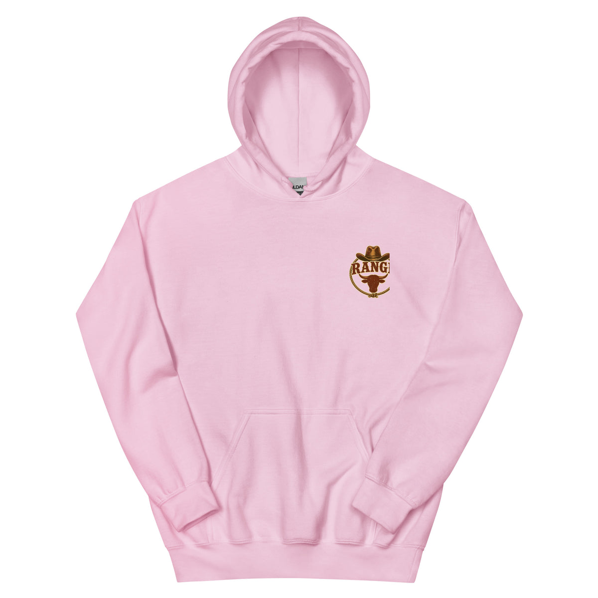 Range Wrangler Western Hoodie in Light Pink — front chest print mockup