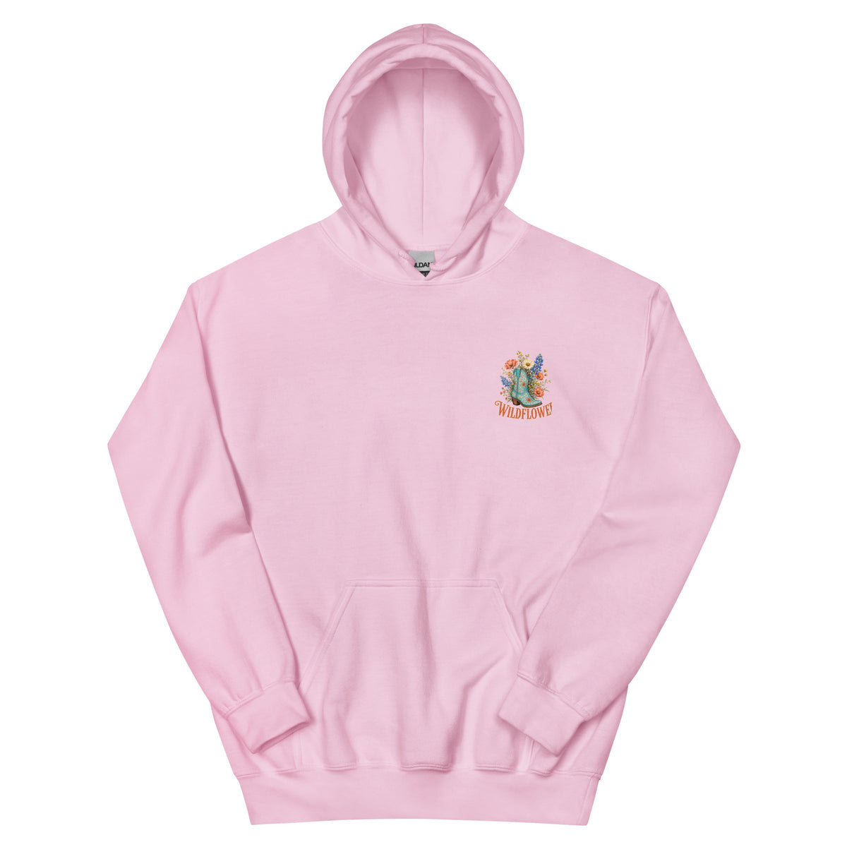 Wildflower Cowgirl Western Hoodie in Light Pink — front chest print mockup