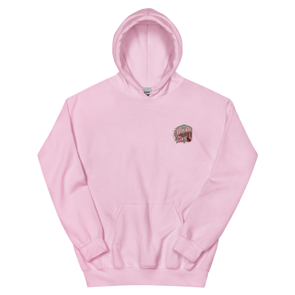 Buckle Bunny Social Club Western Hoodie in Light Pink — front chest print mockup