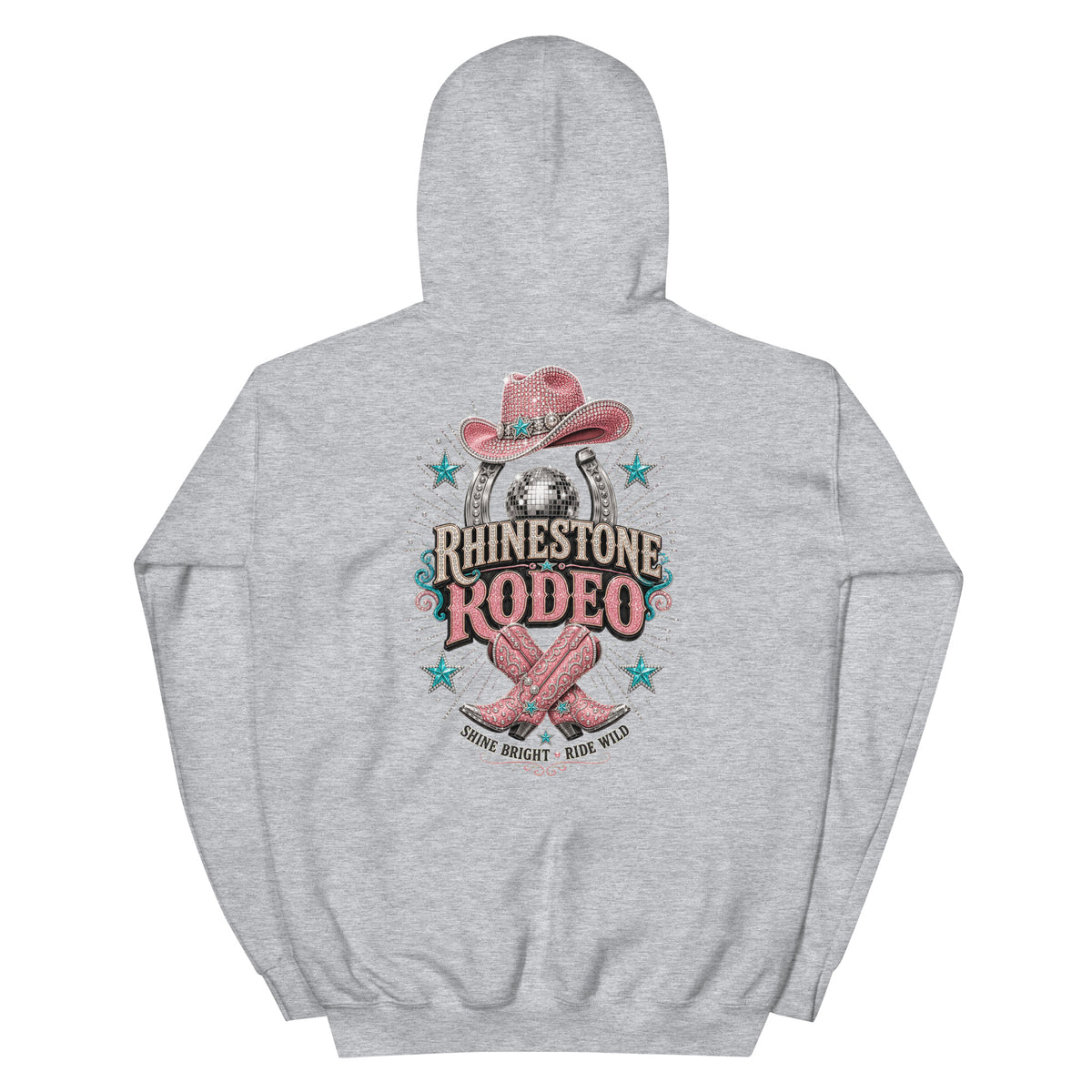 Sport Grey pullover hoodie with large pink Rhinestone Rodeo cowgirl back print