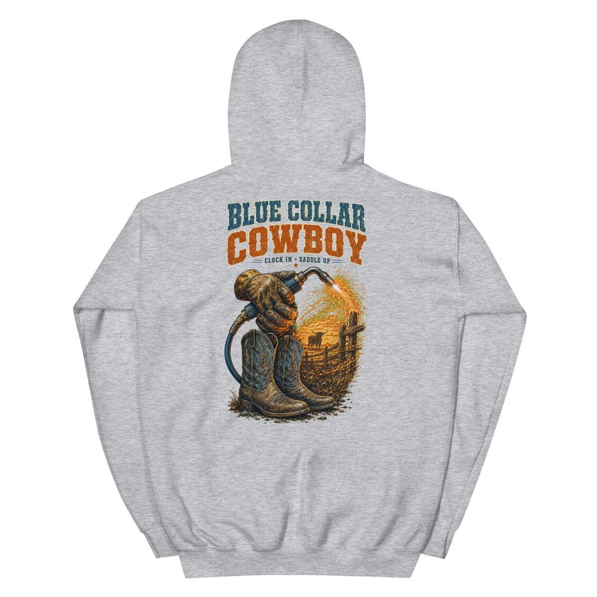 Blue Collar Cowboy Western Hoodie in Sport Grey — back design mockup