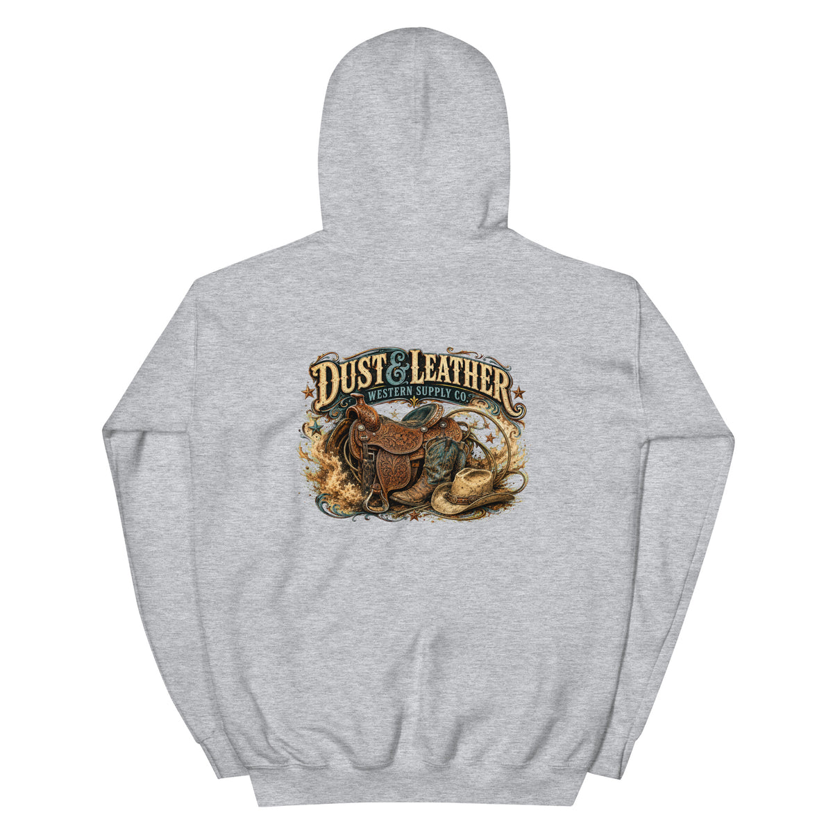 Dust & Leather Western Hoodie in Sport Grey — back design mockup