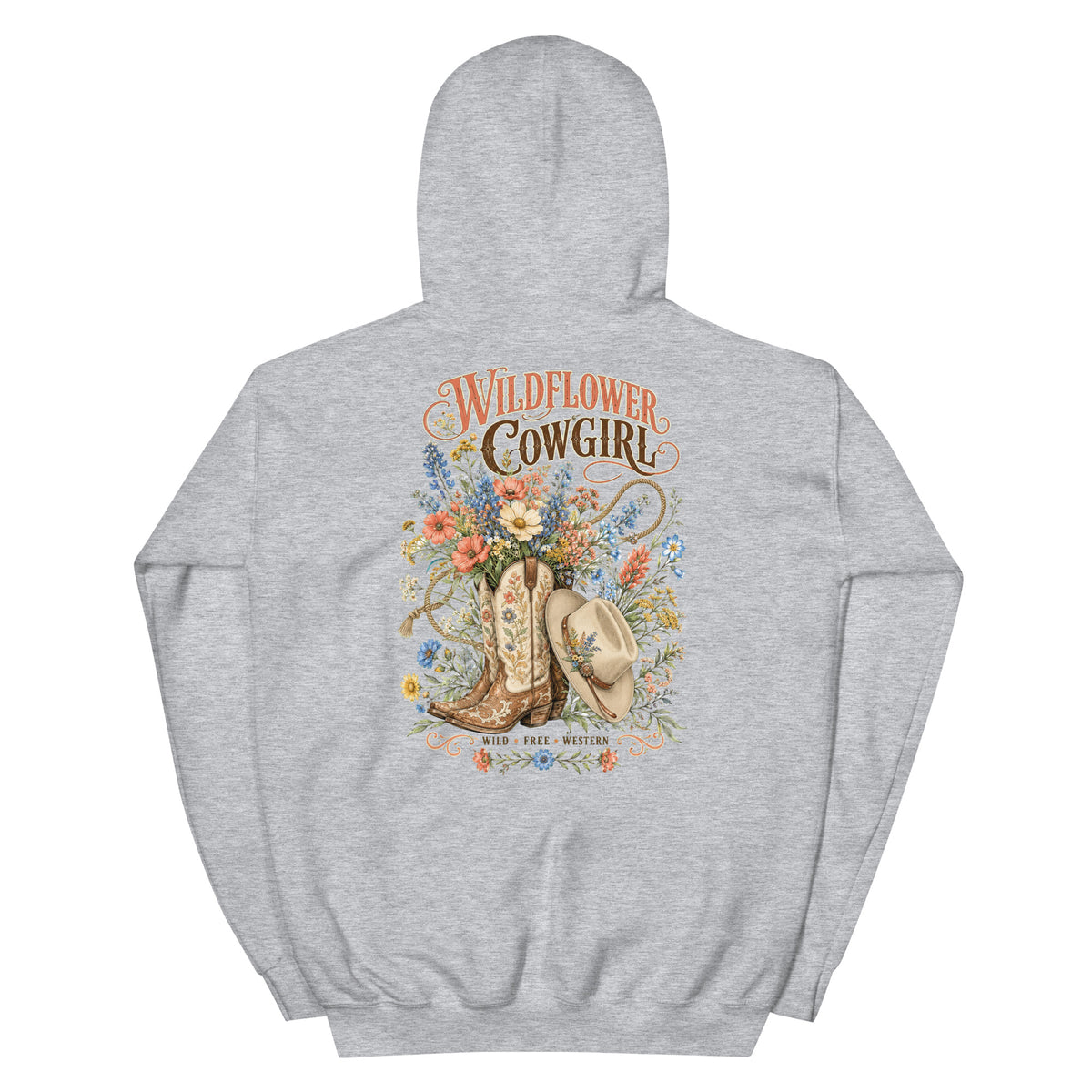 Wildflower Cowgirl Western Hoodie in Sport Grey — back design mockup