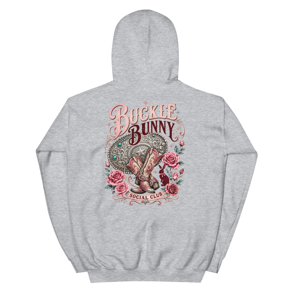 Buckle Bunny Social Club Western Hoodie in Sport Grey — back design mockup