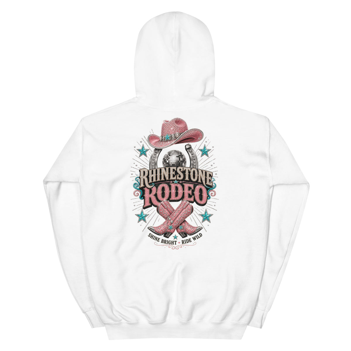White pullover hoodie with large pink Rhinestone Rodeo cowgirl back print