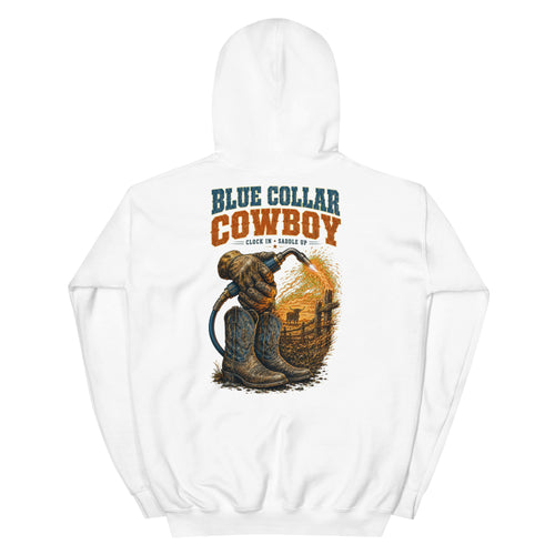 Blue Collar Cowboy Western Hoodie in White — back design mockup