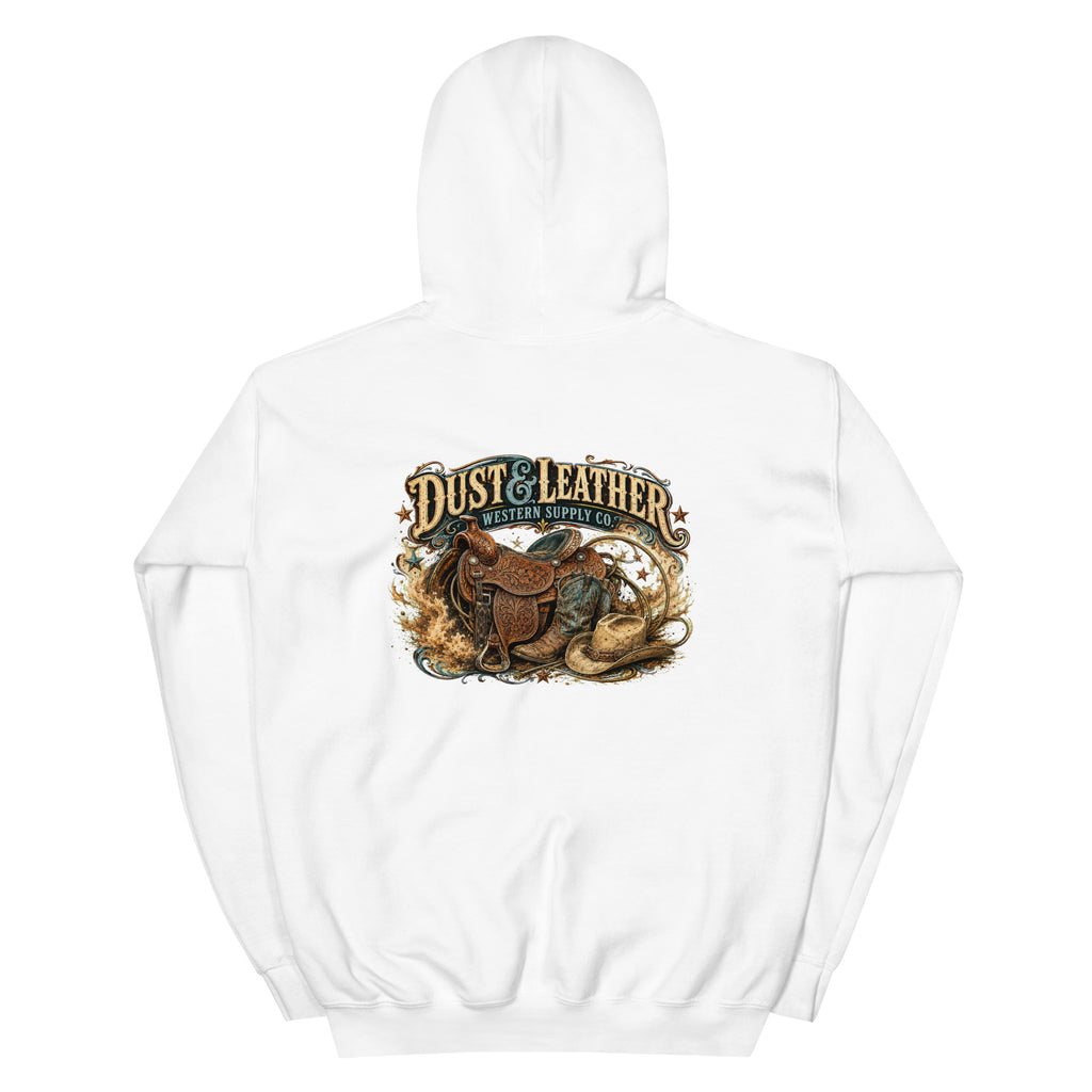 Dust & Leather Western Hoodie in White — back design mockup