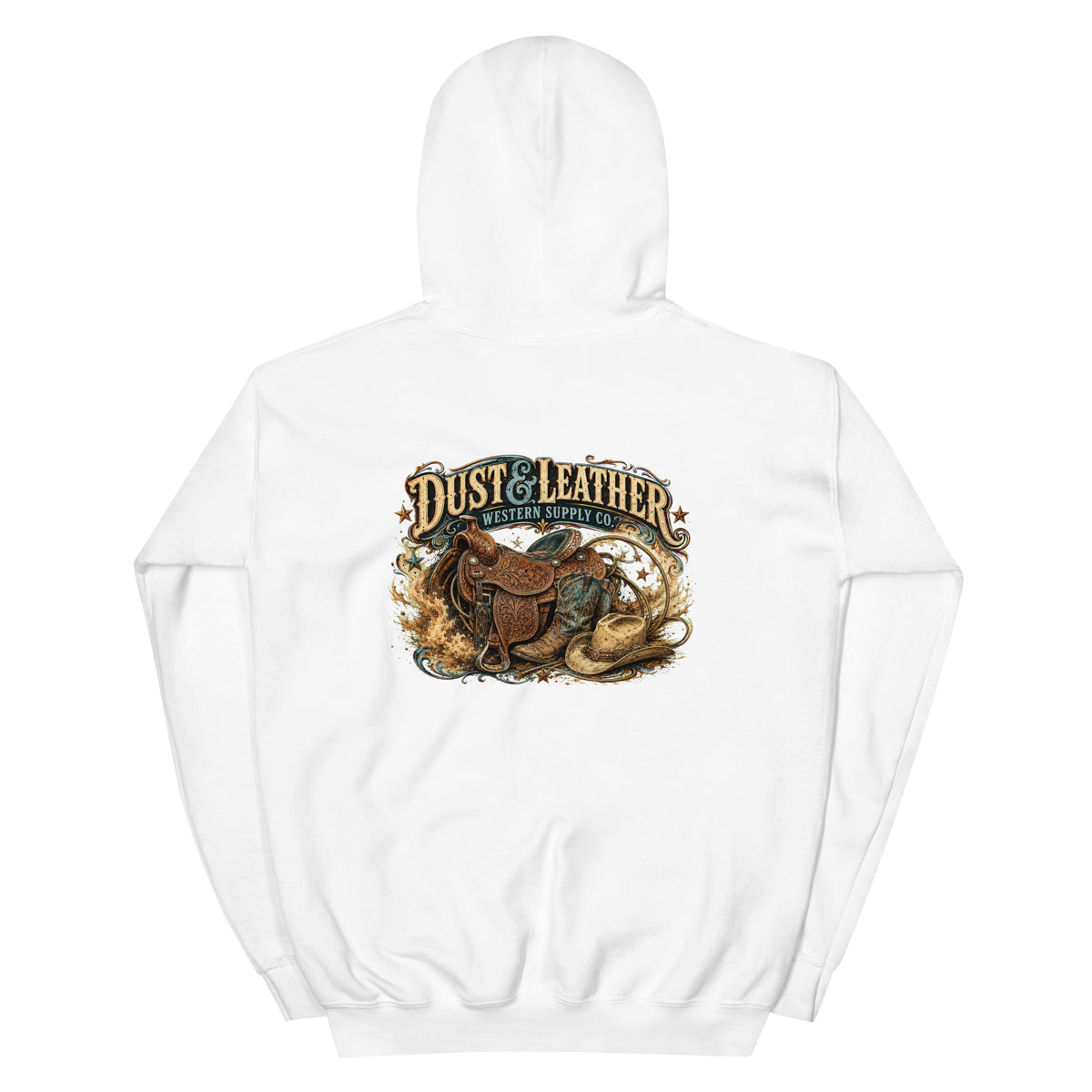 Dust & Leather Western Hoodie in White — back design mockup