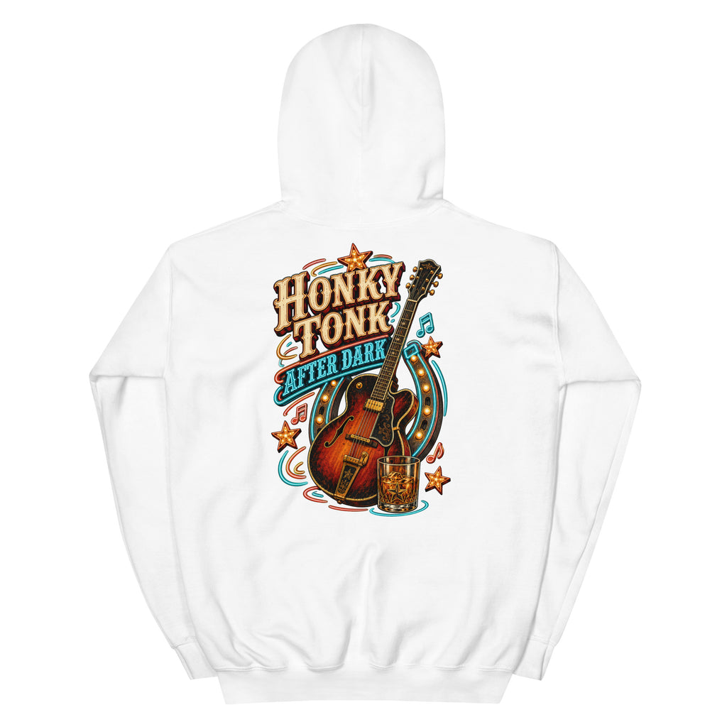 Honky Tonk After Dark Western Hoodie in White — back design mockup