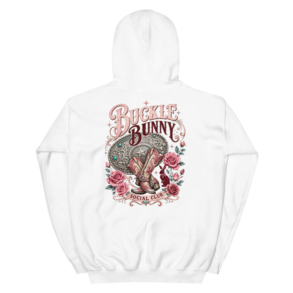 Buckle Bunny Social Club Western Hoodie in White — back design mockup
