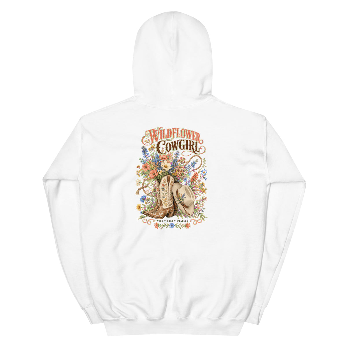Back view of Western Wildflower Cowgirl Hoodie showing the full-size western graphic