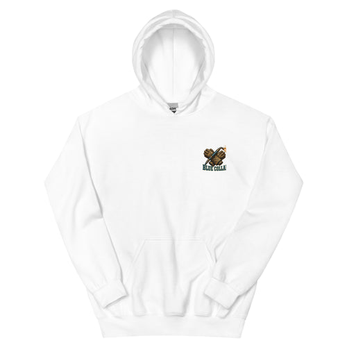 Blue Collar Cowboy Western Hoodie in White — front chest print mockup