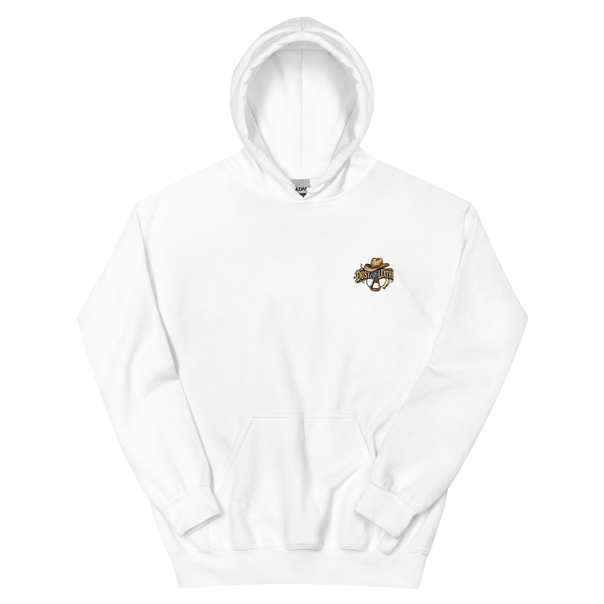 Dust & Leather Western Hoodie in White — front chest print mockup
