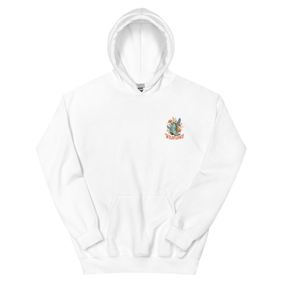 Wildflower Cowgirl Western Hoodie in White — front chest print mockup