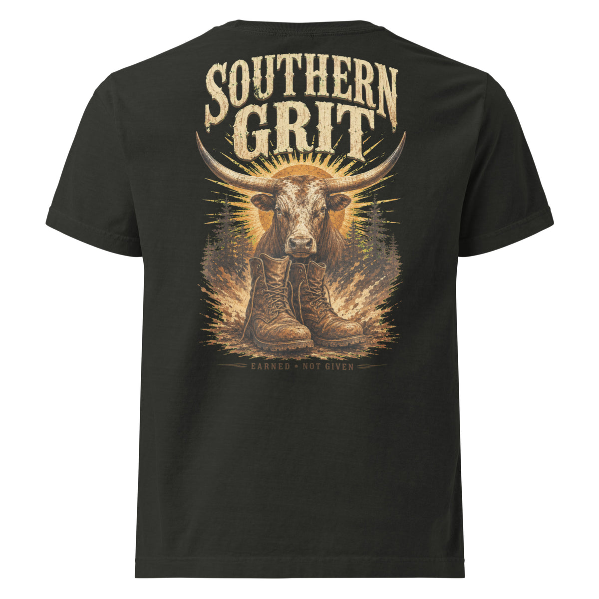Southern Grit Oversized Western T-Shirt in Washed Black — back design mockup