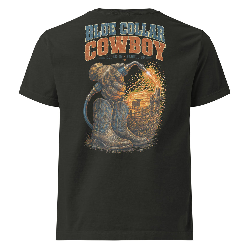 Blue Collar Cowboy Oversized Western T-Shirt in Washed Black — back design mockup