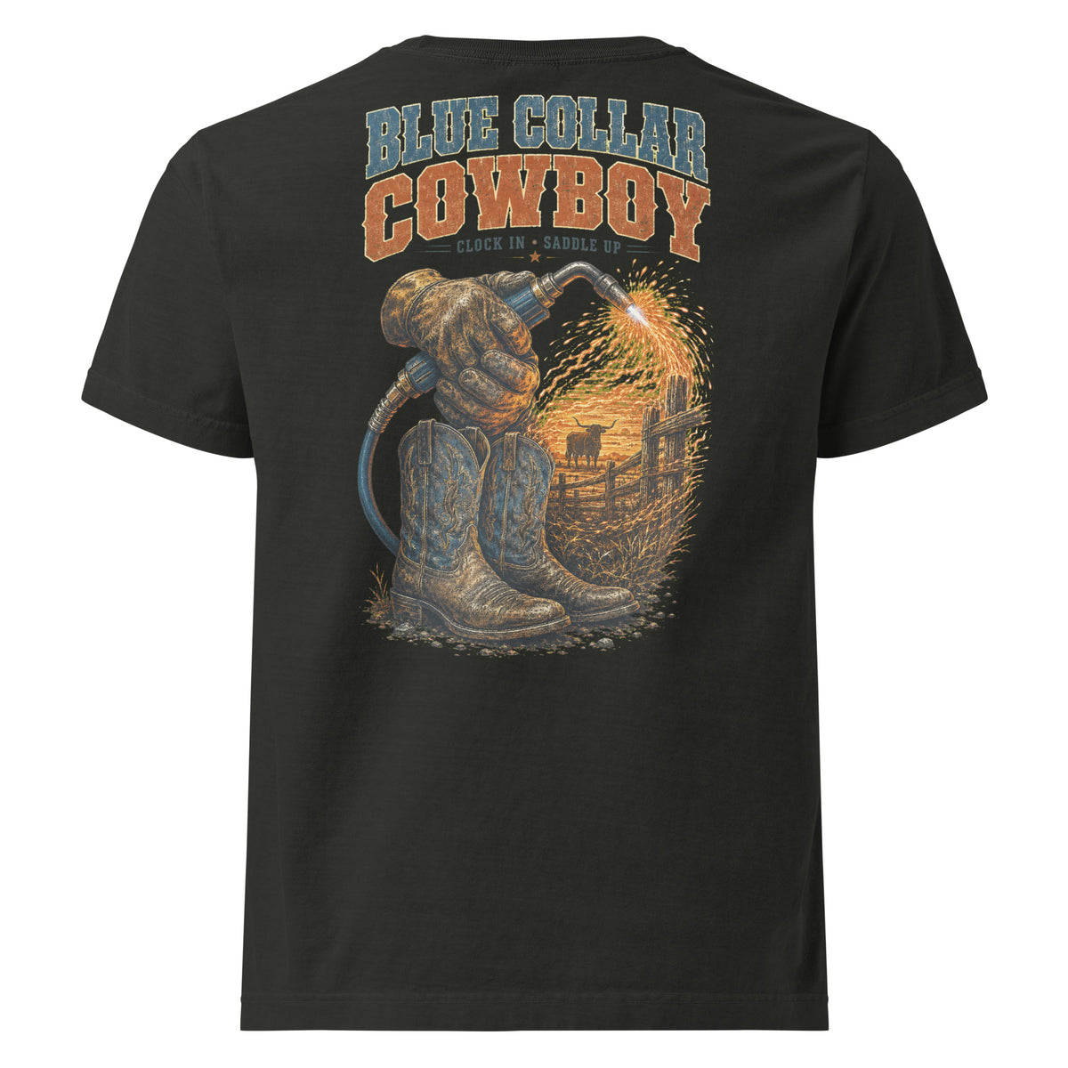 Blue Collar Cowboy Oversized Western T-Shirt in Washed Black — back design mockup