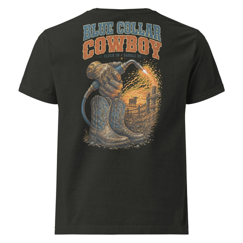 Blue Collar Cowboy Oversized Western T-Shirt in Washed Black — back design mockup
