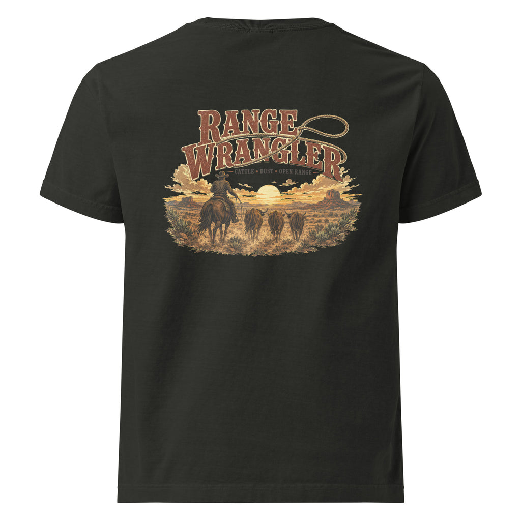 Range Wrangler Oversized Western T-Shirt in Washed Black — back design mockup