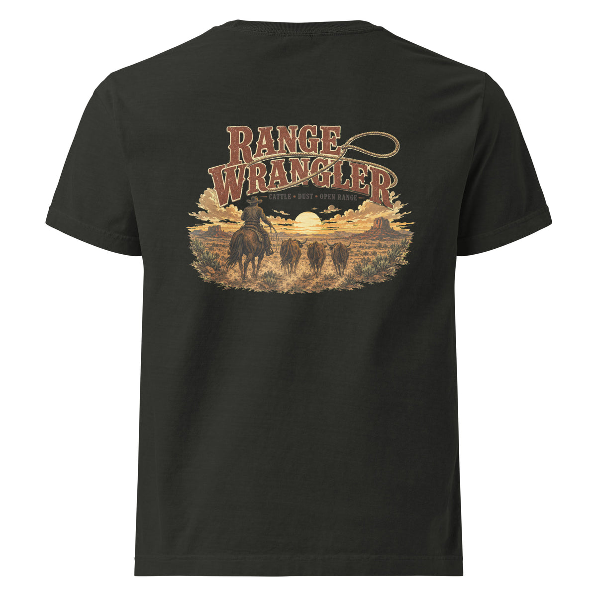 Range Wrangler Oversized Western T-Shirt in Washed Black — back design mockup