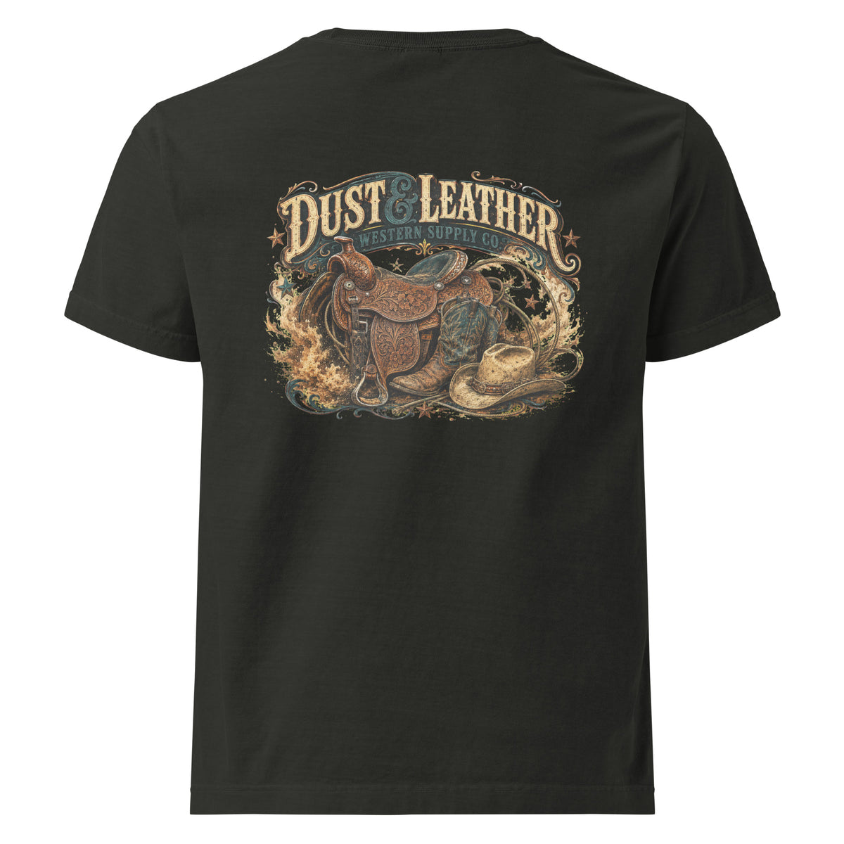 Dust & Leather Oversized Western T-Shirt in Washed Black — back design mockup
