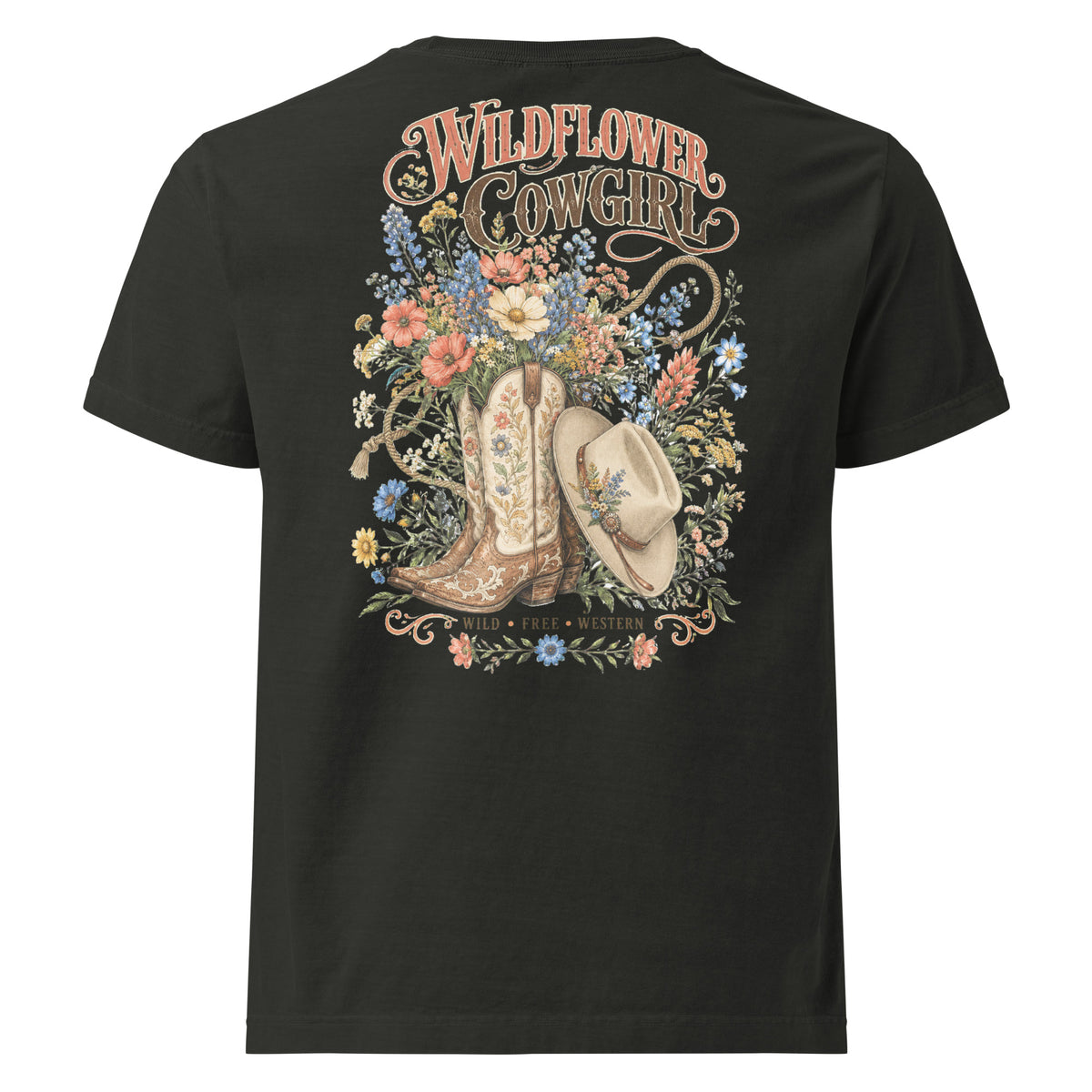 Wildflower Cowgirl Oversized Western T-Shirt in Washed Black — back design mockup