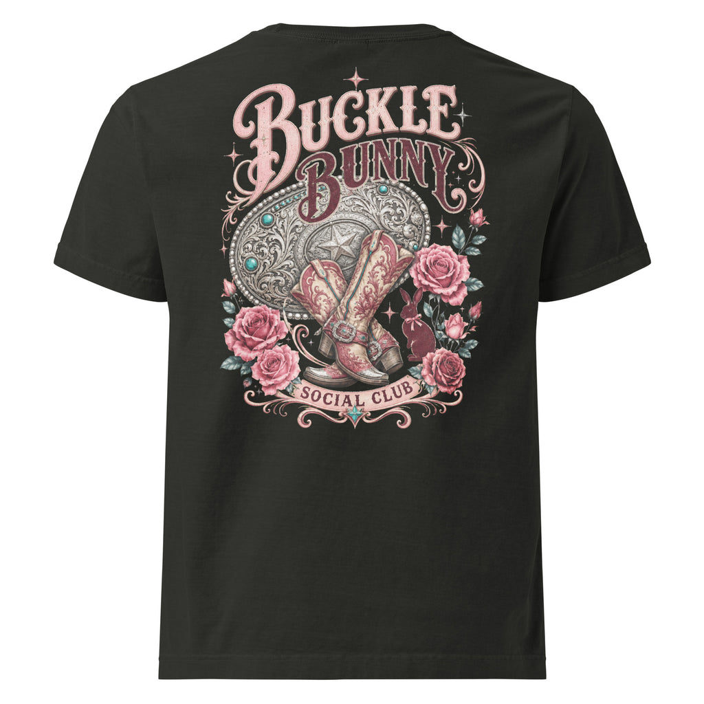 Buckle Bunny Social Club Oversized Western T-Shirt in Washed Black — back design mockup
